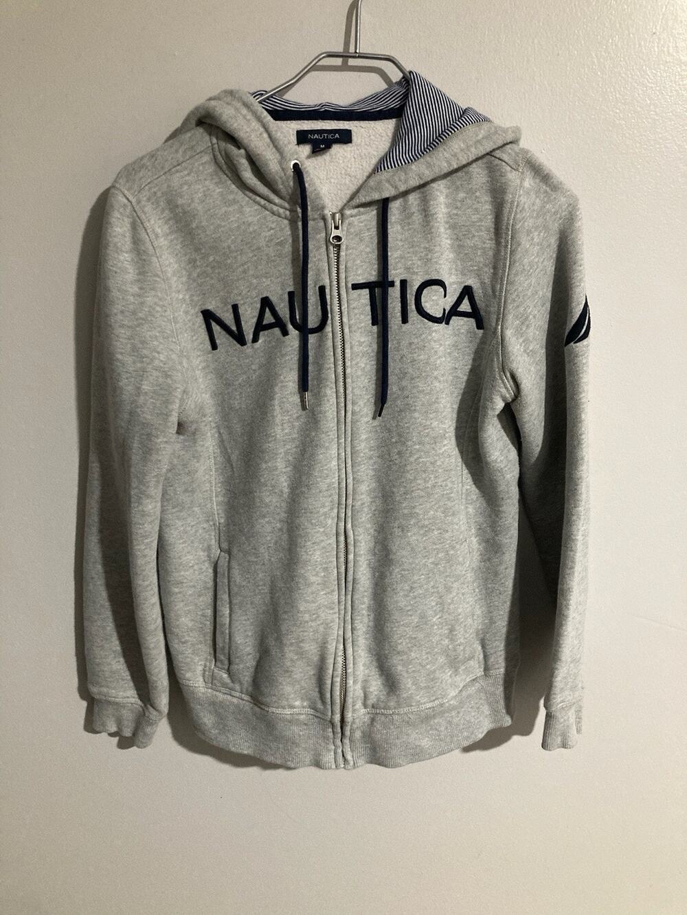 NAUTICA Hoodie Sweatshirt Jacket Mens Medium Full Zip Fleece Spellout Gray Blue